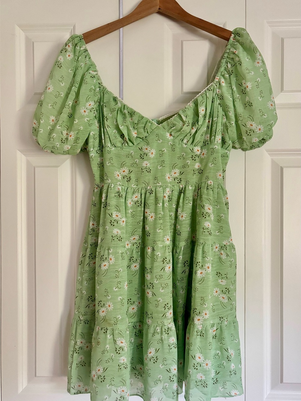 Princess Polly Green Daisy Puff Sleeve Babydoll Mini Dress US 6 Cottagecore